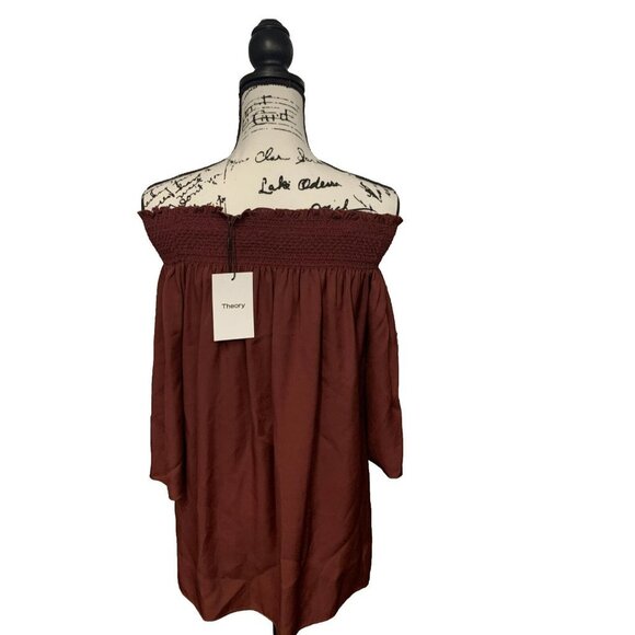 NWT Theory 100% Silk Elistaire Off The Shoulder Blouse Black Cherry Size Small - Picture 6 of 13